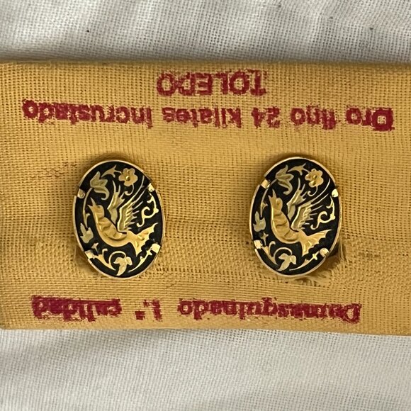 Toledo 24Kt gold encrusted Damascene CLIP ON earrings birds NWT VINTAGE - Picture 5 of 5